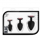 Набор черных анальных пробок с красным кристаллом-сердечком Bling Plugs Training Kit - Blush Novelties - купить с доставкой в Благовещенске