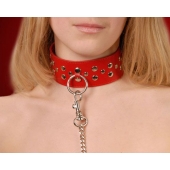 Красный кожаный ошейник с карабином и поводком - Sitabella - купить с доставкой в Благовещенске