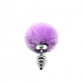 Серебристая анальная пробка с сиреневым помпоном Metal Anal Fluffly Twist Plug S - Adrien Lastic