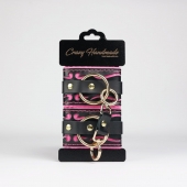 Черные кожаные наручники с розовой строчкой - Crazy Handmade - купить с доставкой в Благовещенске