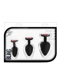 Набор черных анальных пробок с красным кристаллом-сердечком Bling Plugs Training Kit - Blush Novelties - купить с доставкой в Благовещенске