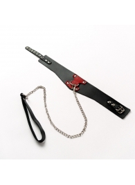 Черный широкий ошейник с красным декором и поводком - Crazy Handmade - купить с доставкой в Благовещенске