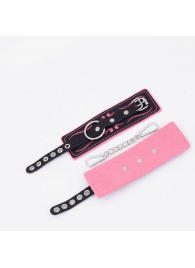Черно-розовые кожаные наручники с розовой строчкой - Crazy Handmade - купить с доставкой в Благовещенске