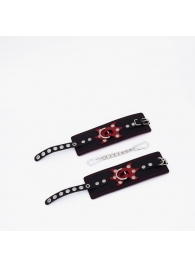 Черные кожаные наручники с красным декором и строчкой - Crazy Handmade - купить с доставкой в Благовещенске
