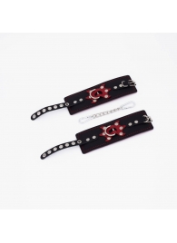 Черные кожаные наручники с красным декором и строчкой - Crazy Handmade - купить с доставкой в Благовещенске