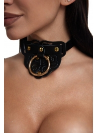 Черный фигурный кожаный ошейник с золотистой фурнитурой - Crazy Handmade - купить с доставкой в Благовещенске