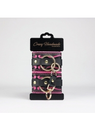 Черные кожаные наручники с розовой строчкой - Crazy Handmade - купить с доставкой в Благовещенске