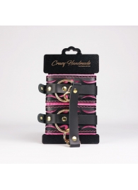 Черные кожаные оковы с розовой строчкой - Crazy Handmade - купить с доставкой в Благовещенске