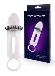Закрытая насадка на пенис с подхватом мошонки и стимулирующими «ресничками» - Sextaz - в Благовещенске купить с доставкой
