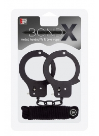 Чёрные наручники из листового металла в комплекте с веревкой BONDX METAL CUFFS LOVE ROPE SET - Dream Toys - купить с доставкой в Благовещенске