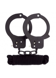 Чёрные наручники из листового металла в комплекте с веревкой BONDX METAL CUFFS LOVE ROPE SET - Dream Toys - купить с доставкой в Благовещенске