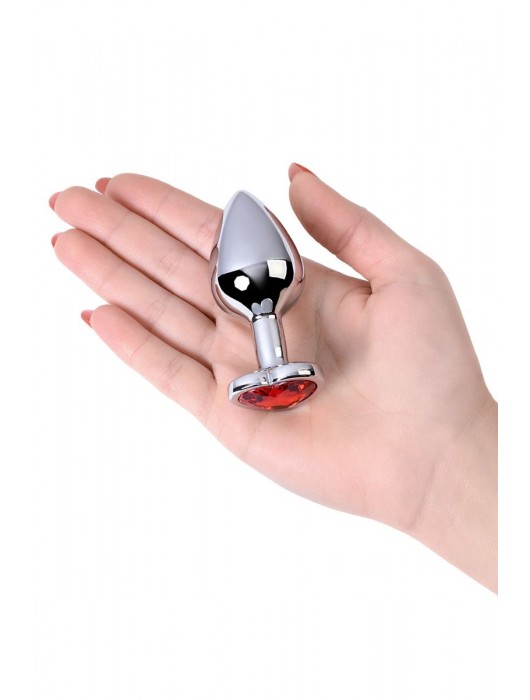 Серебристая коническая анальная пробка с красным кристаллом-сердечком - 7 см. - ToyFa - купить с доставкой в Благовещенске