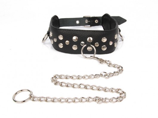 Черный ошейник с заклепками с металлическим поводком-цепочкой - Notabu - купить с доставкой в Благовещенске