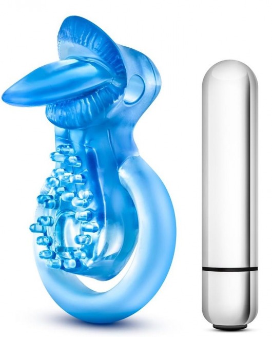 Голубое эрекционное виброкольцо 10 Function Vibrating Tongue Ring - Blush Novelties - в Благовещенске купить с доставкой