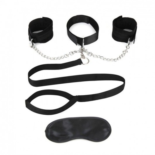 Чёрный ошейник с наручниками и поводком Collar Cuffs   Leash Set - Lux Fetish - купить с доставкой в Благовещенске