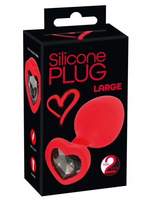 Красная силиконовая анальная пробка с черным стразом-сердечком - 9,3 см. - Orion - купить с доставкой в Благовещенске