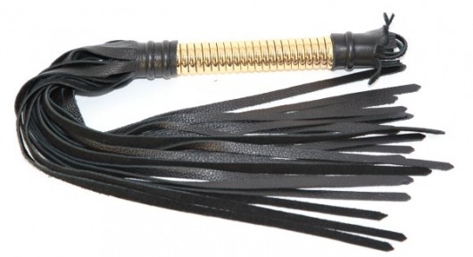 Чёрная плетка  из натуральной кожи с золотистой отделкой рукояти - БДСМ Арсенал - купить с доставкой в Благовещенске