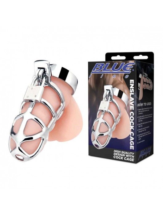 Серебристая металлическая клетка для члена с замком Enslave Cock Cage - BlueLine - купить с доставкой в Благовещенске