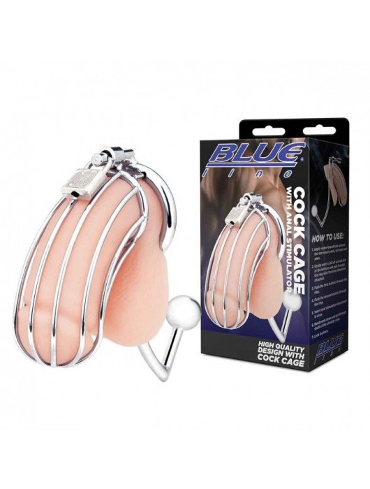Серебристая металлическая клетка с анальным стимулятором Cock Cage - BlueLine - купить с доставкой в Благовещенске