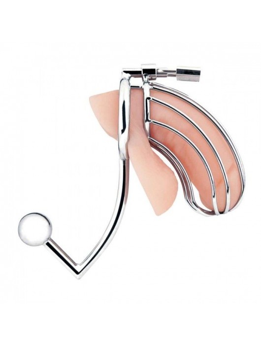 Серебристая металлическая клетка с анальным стимулятором Cock Cage - BlueLine - купить с доставкой в Благовещенске