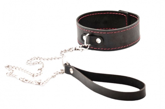 Черный широкий ошейник с красной строчкой и поводком - Crazy Handmade - купить с доставкой в Благовещенске