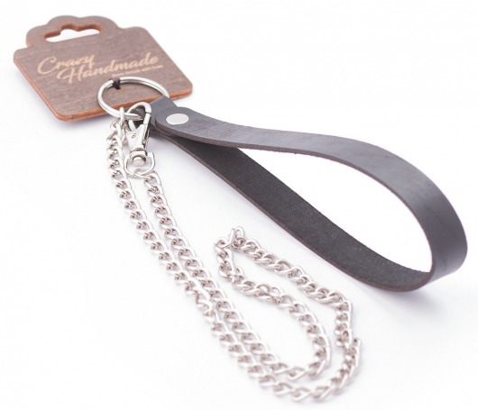 Серебристый металлический поводок с кожаной черной ручкой - 80 см. - Crazy Handmade - купить с доставкой в Благовещенске