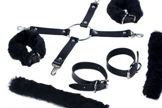 Черный набор для фиксации со съемными меховыми опушками - Лунный свет - купить с доставкой в Благовещенске