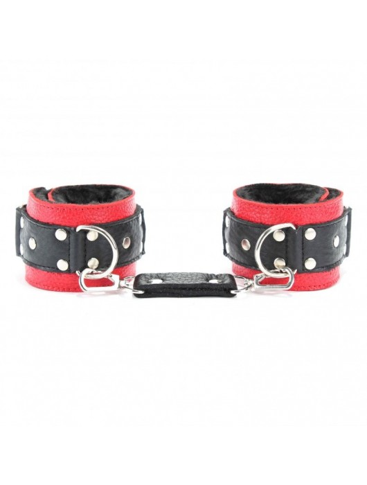 Красно-чёрные кожаные наручники с меховым подкладом - БДСМ Арсенал - купить с доставкой в Благовещенске