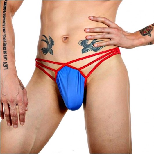 Синие сексуальные трусы-стринги на тонких красных бретелях - Romeo Rossi купить с доставкой
