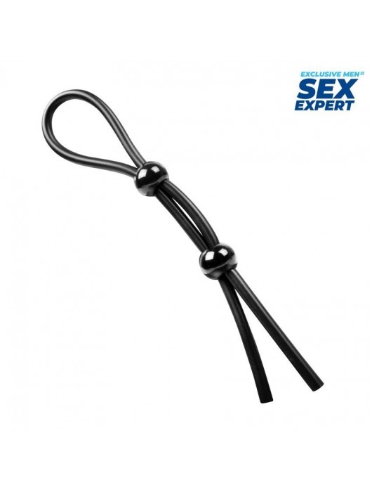 Черное силиконовое лассо с двумя шариками для утяжки - Sex Expert - в Благовещенске купить с доставкой
