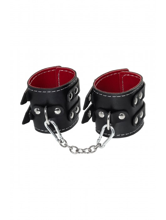 Черные кожаные наручники с двумя ремнями и красной подкладкой - Pecado - купить с доставкой в Благовещенске