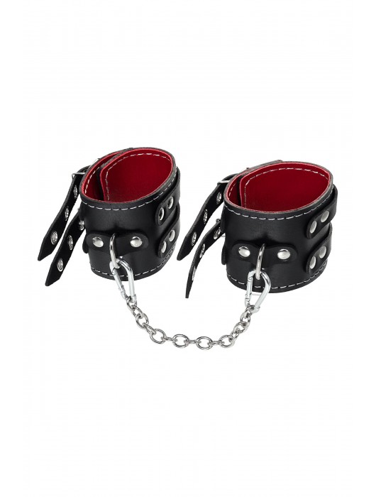 Черные кожаные оковы с двумя ремнями и красной подкладкой - Pecado - купить с доставкой в Благовещенске