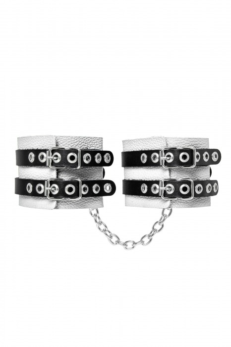 Бело-черные оковы с двумя ремешками и люверсами - Pecado - купить с доставкой в Благовещенске