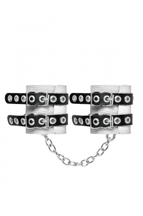 Бело-черные наручники с двумя ремешками и люверсами - Pecado - купить с доставкой в Благовещенске