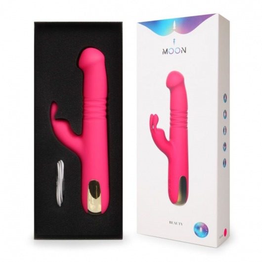 Розовый вибратор-ротатор со стимулятором клитора и возвратно-поступательными движениями - 22,4 см. - I-MOON