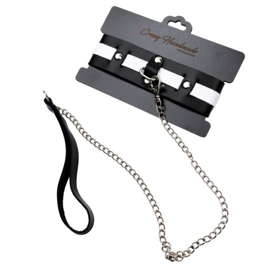 Черно-белый кожаный ошейник с поводком-цепочкой - Crazy Handmade - купить с доставкой в Благовещенске