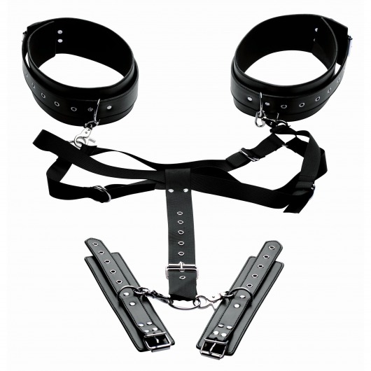 Черная бондажная система Acquire Easy Access Thigh Harness with Wrist Cuffs - XR Brands - купить с доставкой в Благовещенске