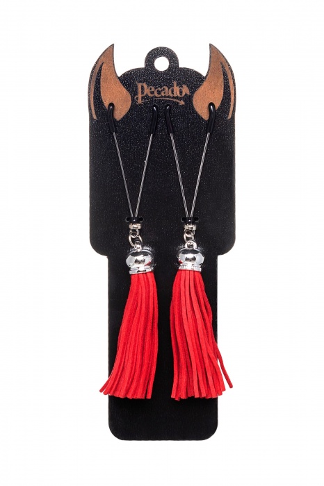 Зажимы на соски «Вилки» с красными кисточками из замши - Pecado - купить с доставкой в Благовещенске