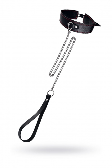 Кожаный двухслойный ошейник с красной строчкой и поводком - Pecado - купить с доставкой в Благовещенске