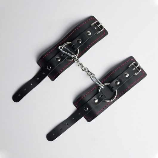 Черные кожаные наручники с красной строчкой - Crazy Handmade - купить с доставкой в Благовещенске