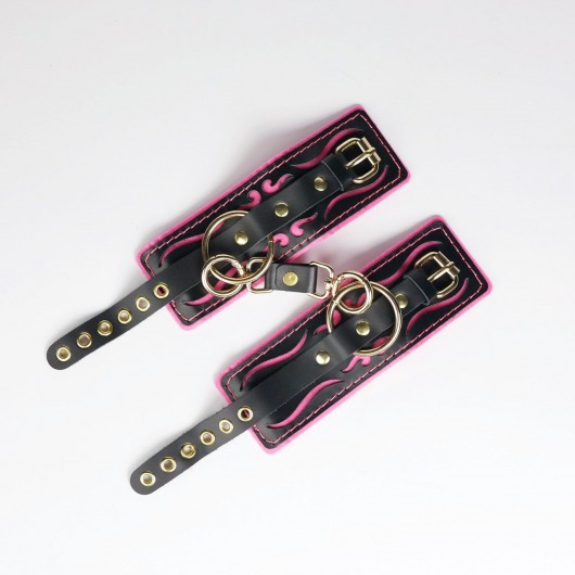 Черные кожаные наручники с розовой строчкой - Crazy Handmade - купить с доставкой в Благовещенске
