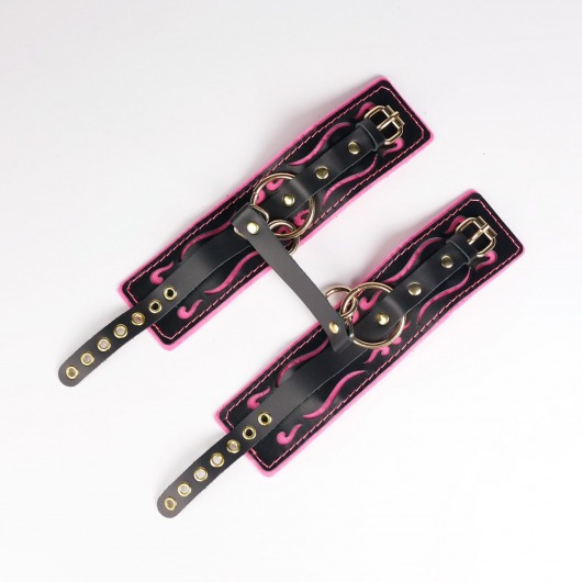 Черные кожаные оковы с розовой строчкой - Crazy Handmade - купить с доставкой в Благовещенске