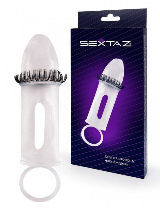 Закрытая насадка на пенис с подхватом мошонки и стимулирующими «ресничками» - Sextaz - в Благовещенске купить с доставкой