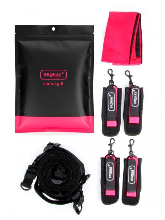 Черно-розовый эротический набор: фиксатор, оковы, наручники, повязка - Erokay - купить с доставкой в Благовещенске