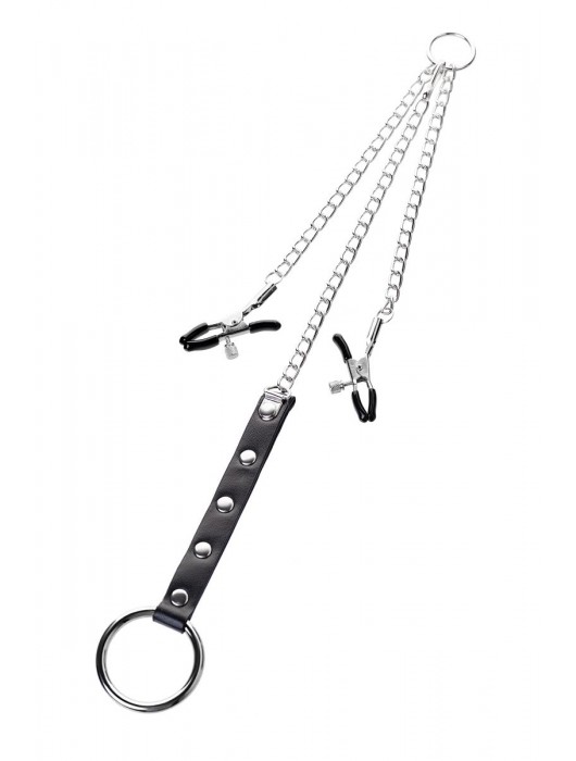 Серебристо-чёрные зажимы для сосков с кольцом для пениса TOYFA Metal - ToyFa - купить с доставкой в Благовещенске