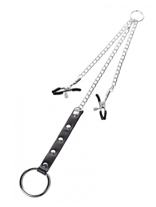 Серебристо-чёрные зажимы для сосков с кольцом для пениса TOYFA Metal - ToyFa - купить с доставкой в Благовещенске